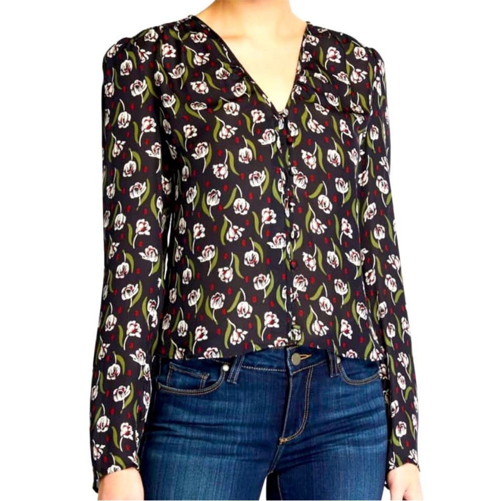 Veronica Beard Asheville Floral V-Neck Blouse - Black